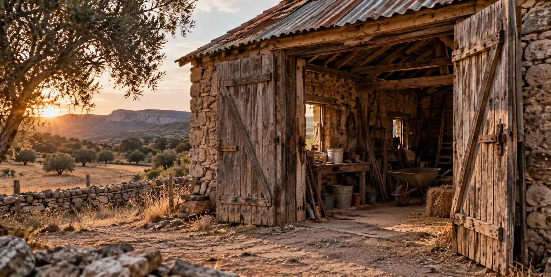 Viejo cobertizo de piedra y madera al atardecer