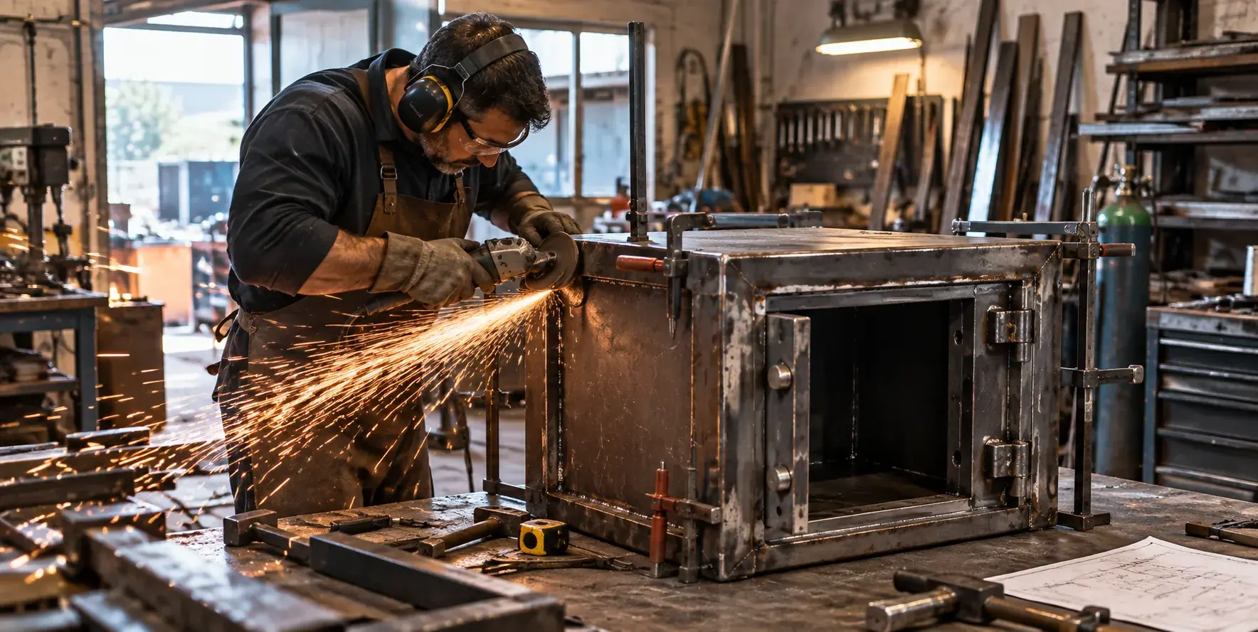 Fabricación de una caja fuerte de acero en un taller metalúrgico