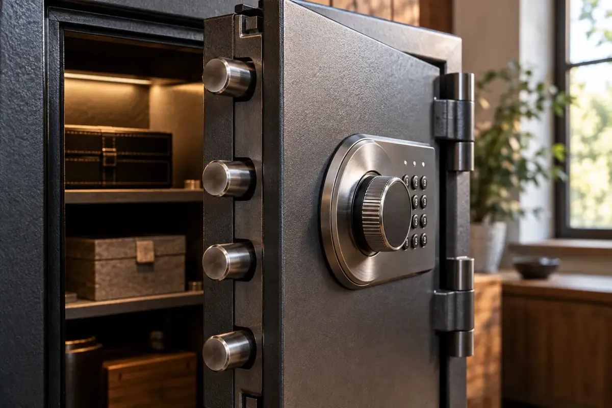 Caja fuerte contemporánea abierta en un interior residencial